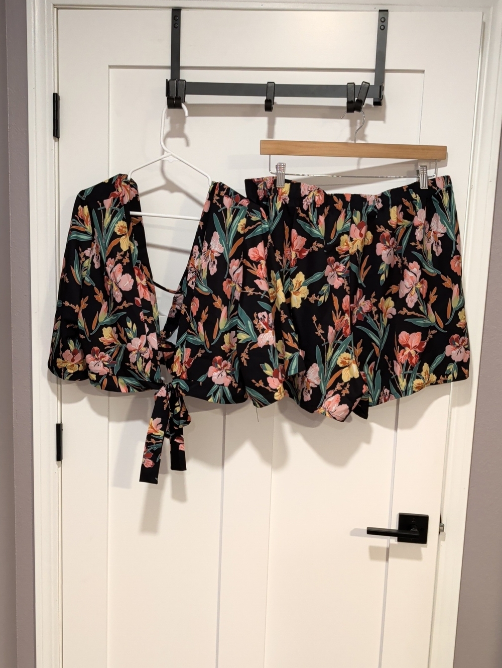 SHEIN Black Floral Tie-Front Crop Top and Shorts Set
